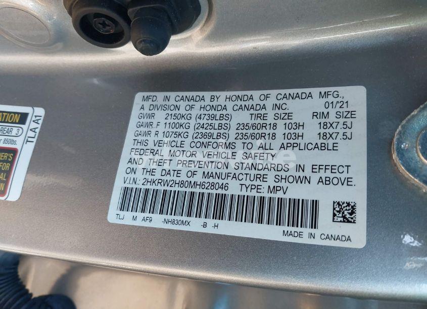 Photo 9 of 2021 Honda Cr-v AWD EX-L (VIN 2HKRW2H80MH628046)