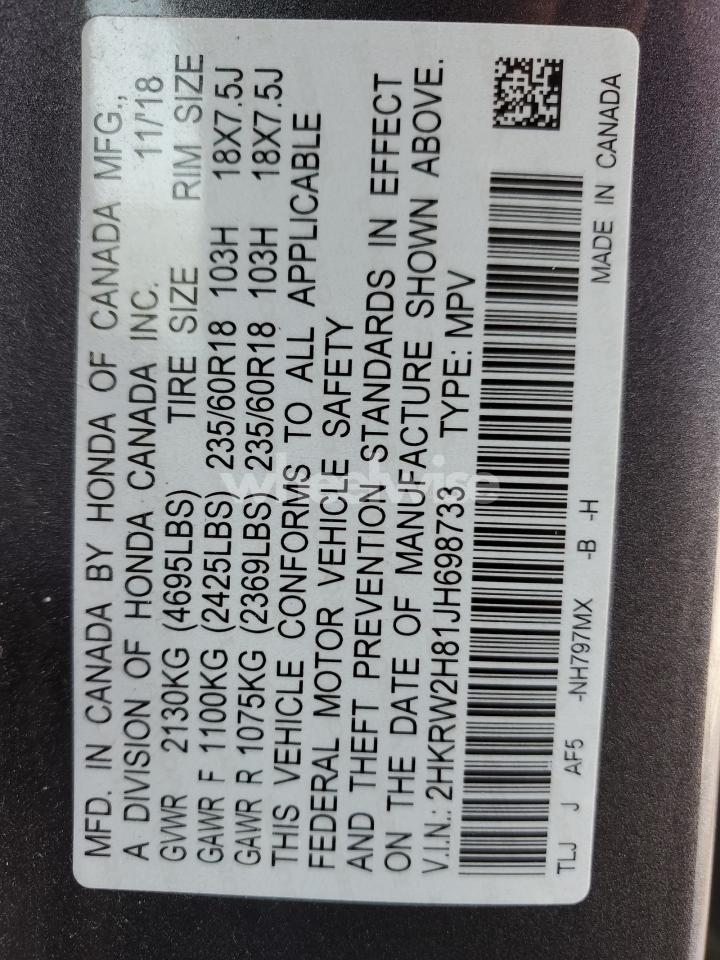 Photo 12 of 2018 HONDA CR-V EXL (VIN 2HKRW2H81JH698733)