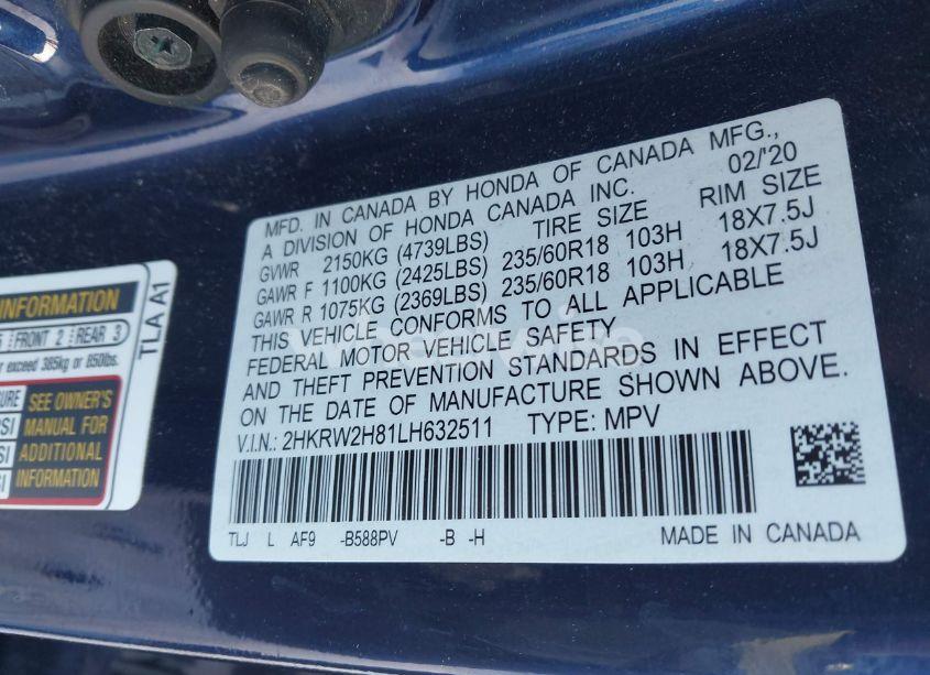 Photo 9 of 2020 Honda Cr-v AWD EX-L (VIN 2HKRW2H81LH632511)