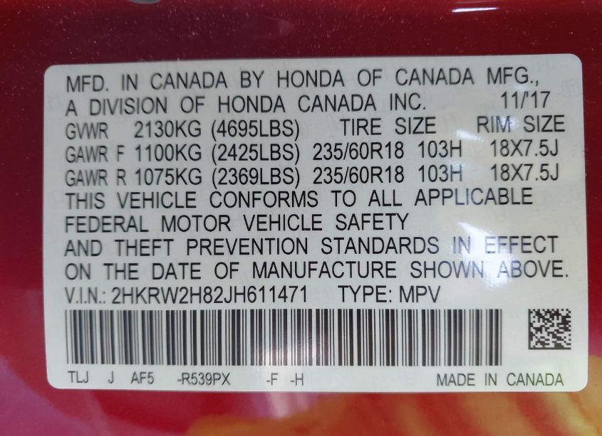 Photo 9 of 2018 Honda Cr-v EX-L/EX-L NAVI (VIN 2HKRW2H82JH611471)