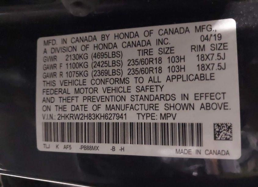 Photo 9 of 2019 Honda Cr-v EX-L (VIN 2HKRW2H83KH627941)