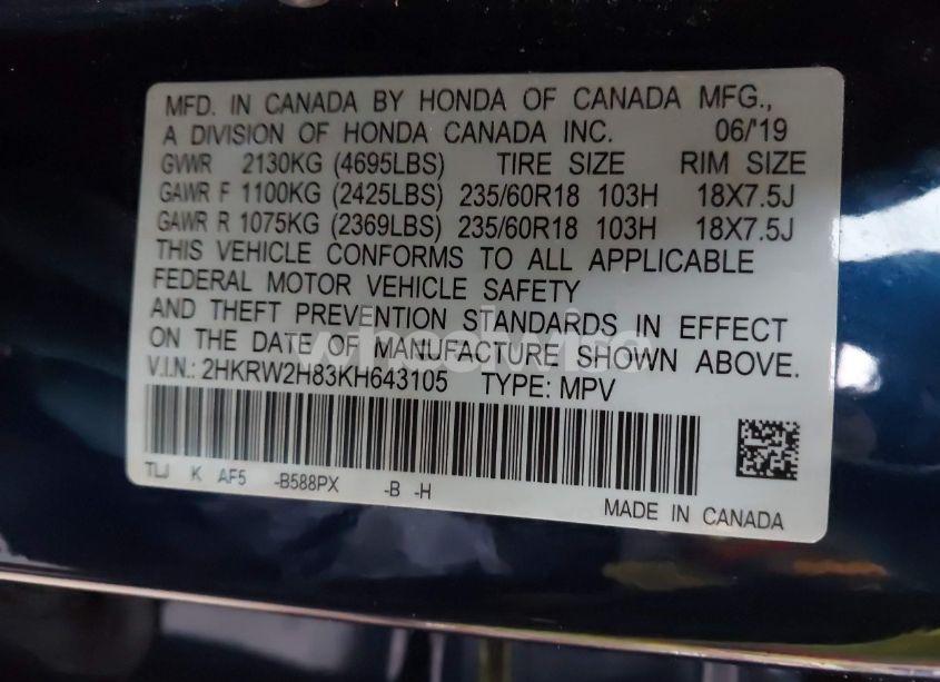 Photo 9 of 2019 Honda Cr-v EX-L (VIN 2HKRW2H83KH643105)