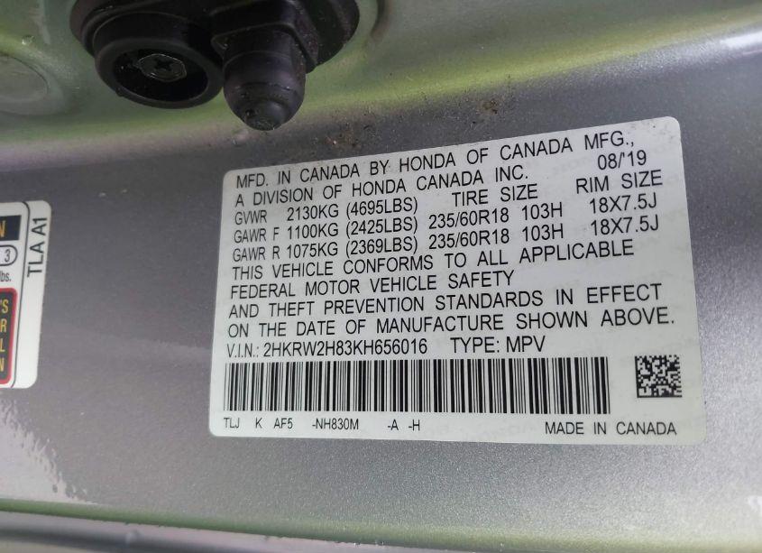 Photo 9 of 2019 Honda Cr-v EX-L (VIN 2HKRW2H83KH656016)