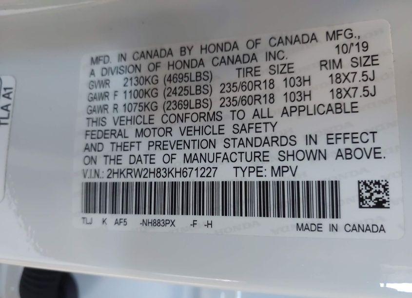 Photo 9 of 2019 Honda Cr-v EX-L (VIN 2HKRW2H83KH671227)