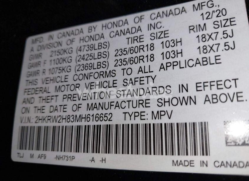 Photo 9 of 2021 Honda Cr-v AWD EX-L (VIN 2HKRW2H83MH616652)