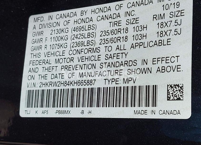 Photo 9 of 2019 Honda Cr-v EX-L (VIN 2HKRW2H84KH665887)