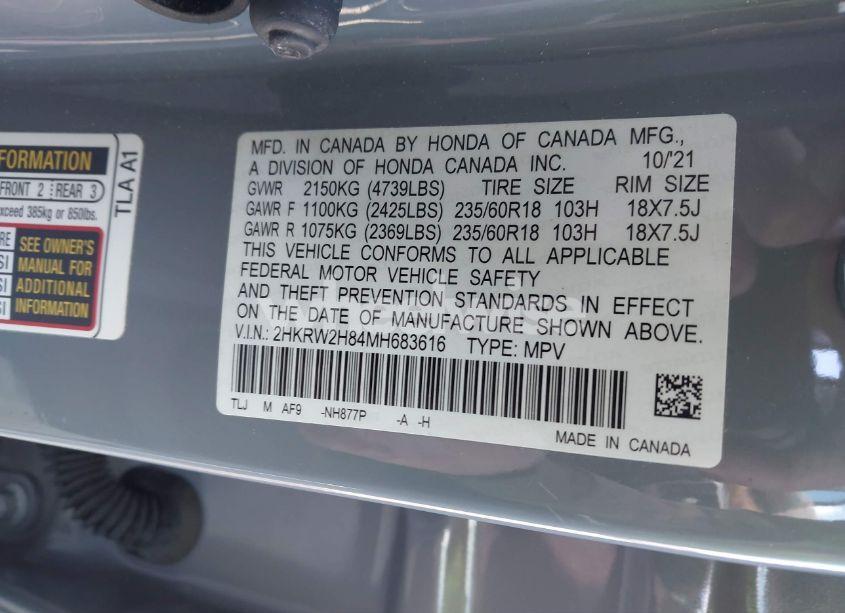 Photo 9 of 2021 Honda Cr-v AWD EX-L (VIN 2HKRW2H84MH683616)