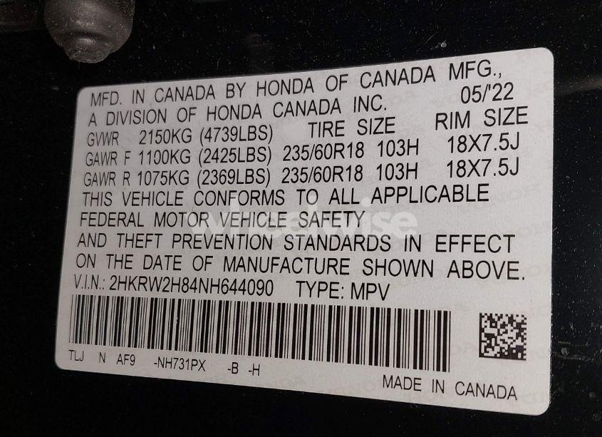 Photo 9 of 2022 Honda Cr-v AWD EX-L (VIN 2HKRW2H84NH644090)