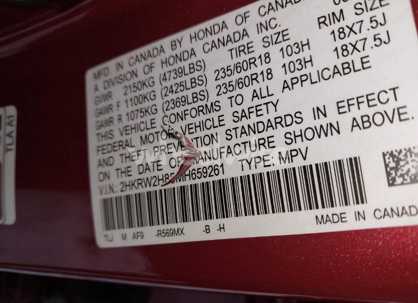 Photo 9 of 2021 Honda Cr-v AWD EX-L (VIN 2HKRW2H85MH659261)