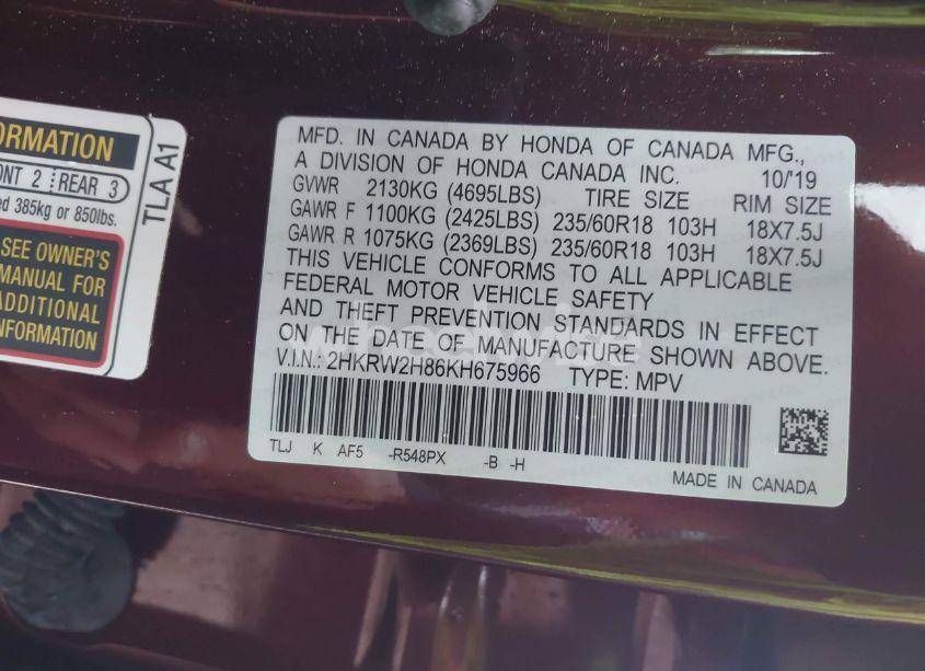 Photo 9 of 2019 Honda Cr-v EX-L (VIN 2HKRW2H86KH675966)