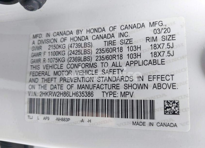 Photo 9 of 2020 Honda Cr-v AWD EX-L (VIN 2HKRW2H86LH635386)