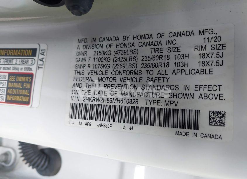 Photo 9 of 2021 Honda Cr-v AWD EX-L (VIN 2HKRW2H86MH610828)