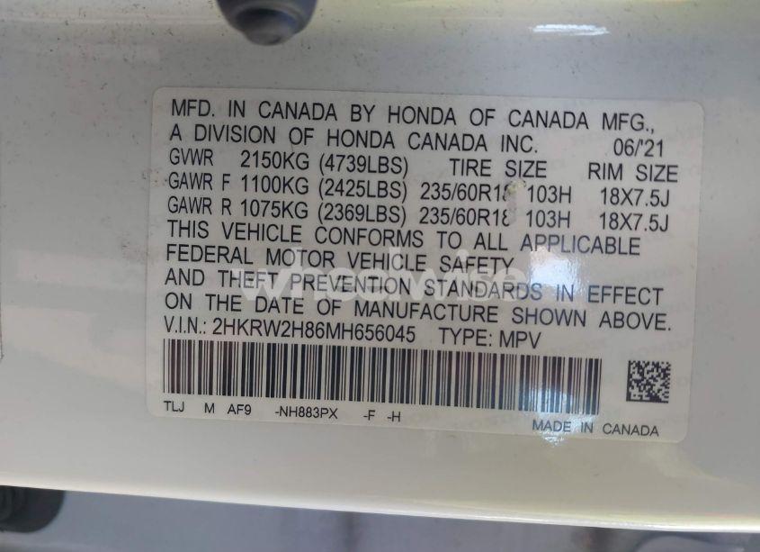 Photo 9 of 2021 Honda Cr-v AWD EX-L (VIN 2HKRW2H86MH656045)