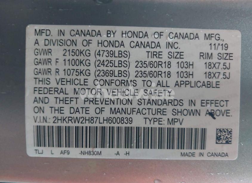 Photo 9 of 2020 Honda Cr-v AWD EX-L (VIN 2HKRW2H87LH600839)