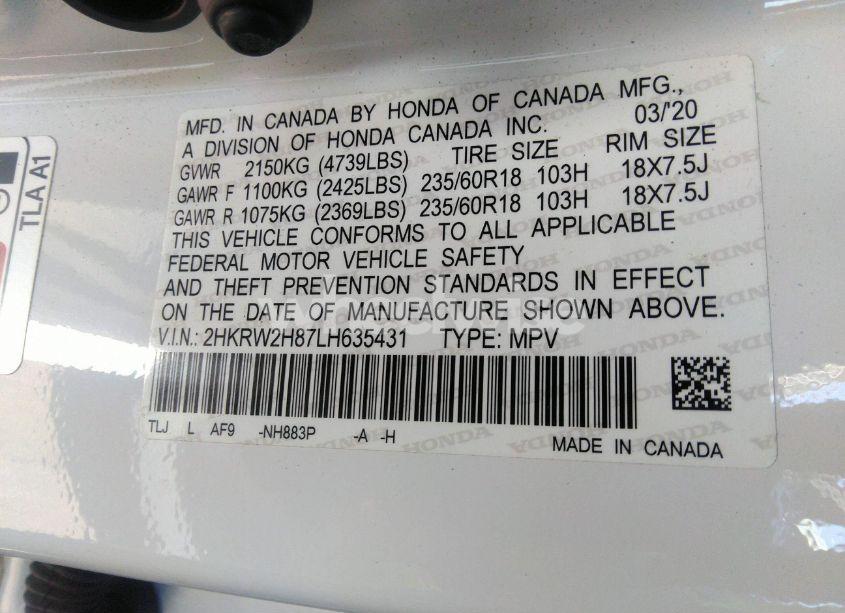 Photo 9 of 2020 Honda Cr-v AWD EX-L (VIN 2HKRW2H87LH635431)