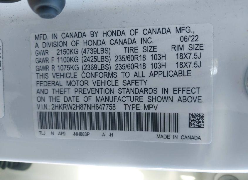 Photo 9 of 2022 Honda Cr-v AWD EX-L (VIN 2HKRW2H87NH647758)