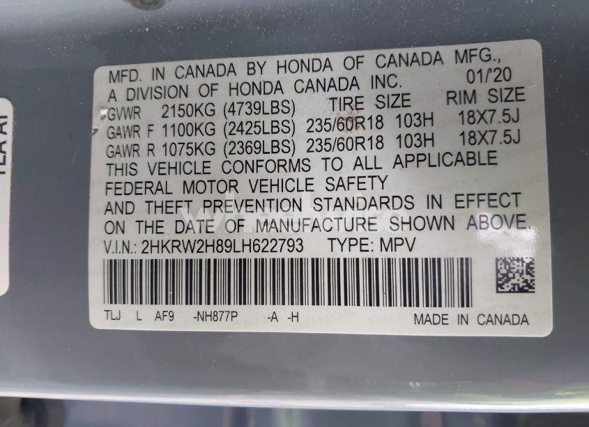 Photo 9 of 2020 Honda Cr-v AWD EX-L (VIN 2HKRW2H89LH622793)