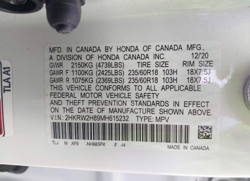 Photo 9 of 2021 Honda Cr-v AWD EX-L (VIN 2HKRW2H89MH615232)