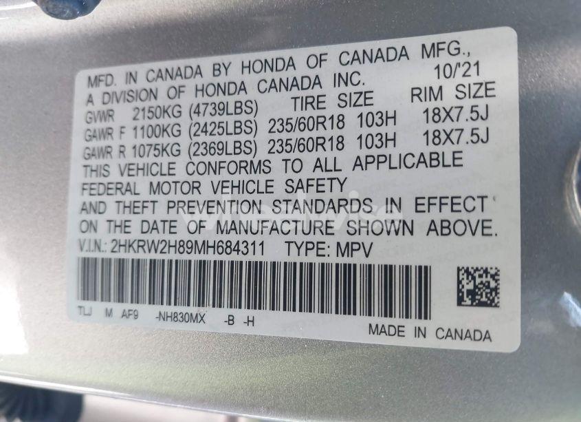 Photo 9 of 2021 Honda Cr-v AWD EX-L (VIN 2HKRW2H89MH684311)