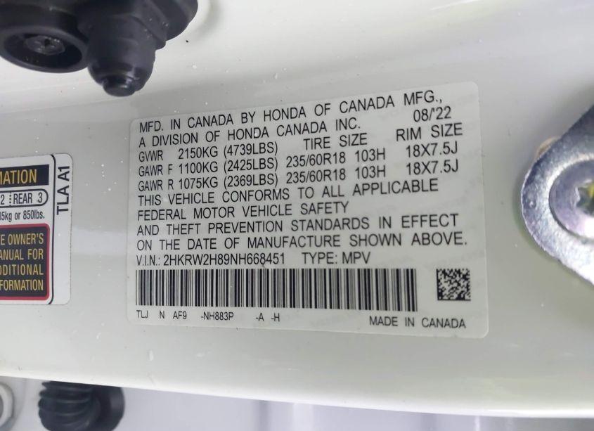 Photo 9 of 2022 Honda Cr-v AWD EX-L (VIN 2HKRW2H89NH668451)