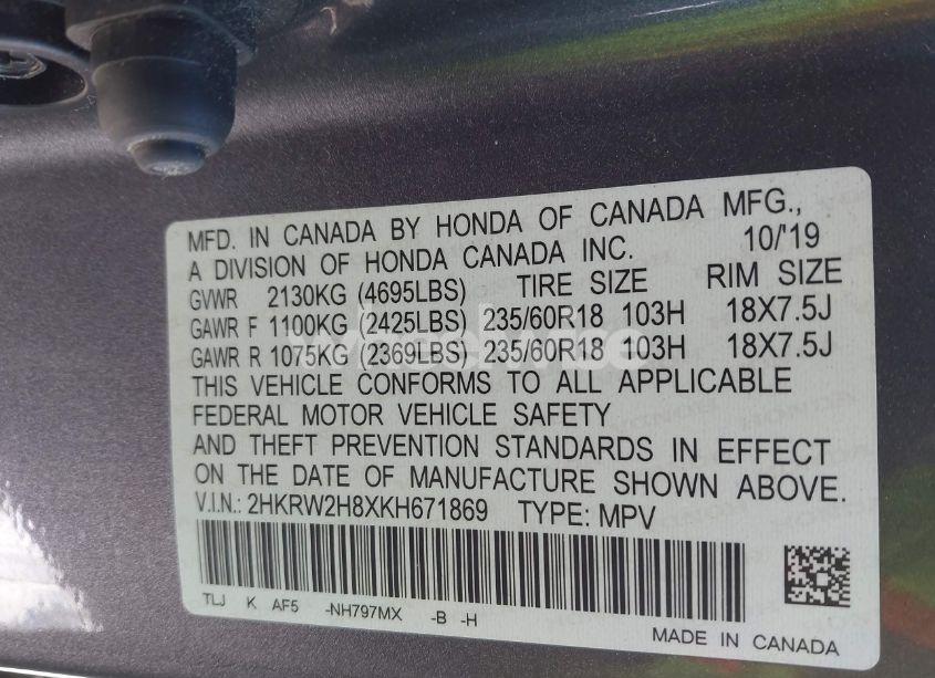 Photo 9 of 2019 Honda Cr-v EX-L (VIN 2HKRW2H8XKH671869)