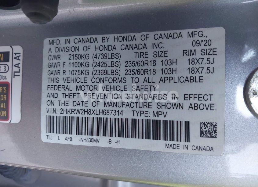 Photo 9 of 2020 Honda Cr-v AWD EX-L (VIN 2HKRW2H8XLH687314)