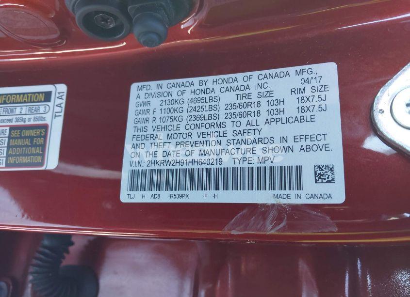 Photo 9 of 2017 Honda Cr-v TOURING (VIN 2HKRW2H91HH640219)