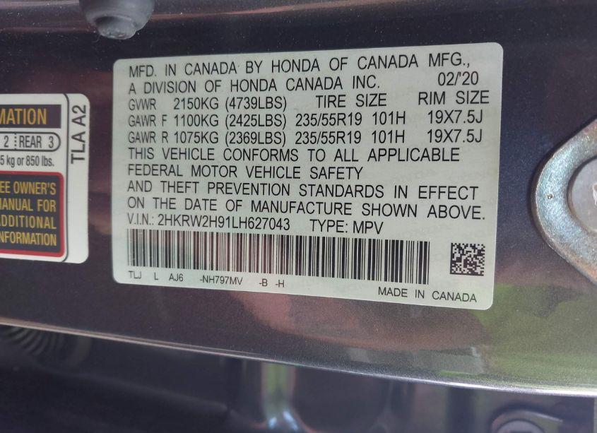 Photo 9 of 2020 Honda Cr-v AWD TOURING (VIN 2HKRW2H91LH627043)