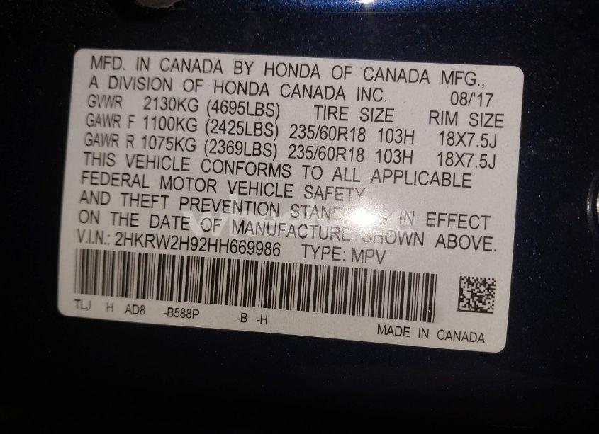 Photo 9 of 2017 Honda Cr-v TOURING (VIN 2HKRW2H92HH669986)