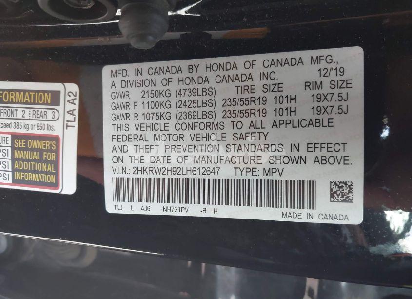 Photo 9 of 2020 Honda Cr-v AWD TOURING (VIN 2HKRW2H92LH612647)