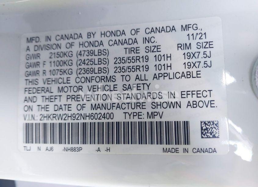 Photo 9 of 2022 Honda Cr-v AWD TOURING (VIN 2HKRW2H92NH602400)