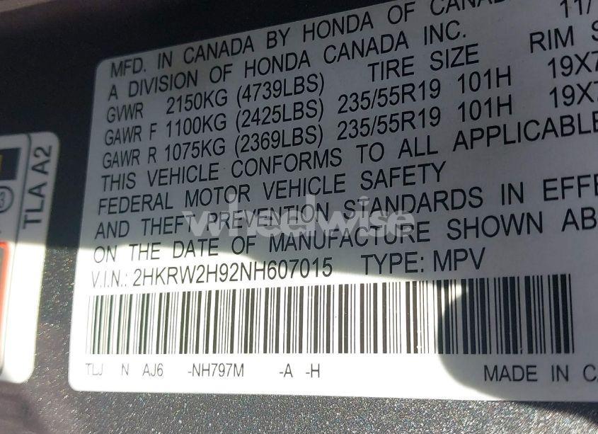 Photo 9 of 2022 Honda Cr-v TOURING (VIN 2HKRW2H92NH607015)