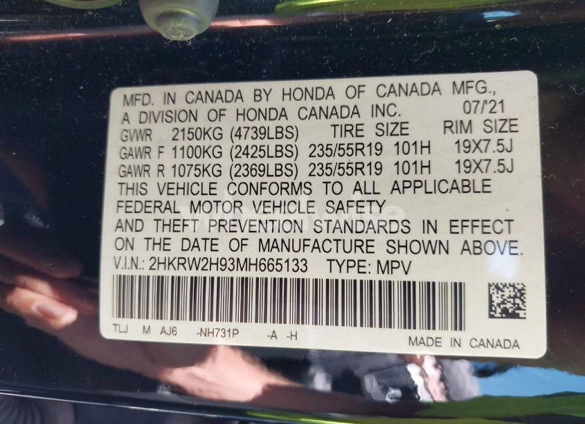 Photo 9 of 2021 Honda Cr-v AWD TOURING (VIN 2HKRW2H93MH665133)