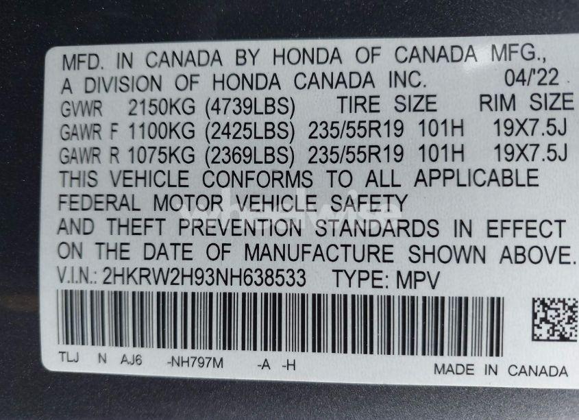 Photo 9 of 2022 Honda Cr-v AWD TOURING (VIN 2HKRW2H93NH638533)
