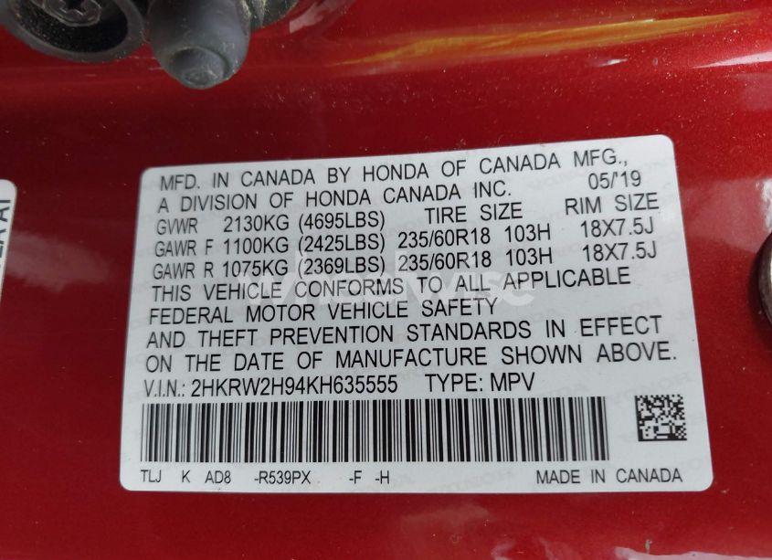 Photo 9 of 2019 Honda Cr-v TOURING (VIN 2HKRW2H94KH635555)