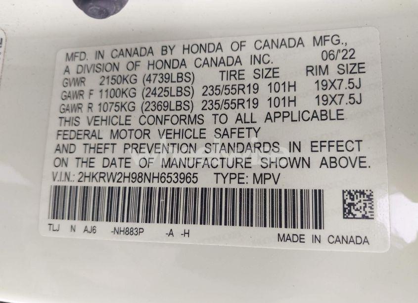 Photo 9 of 2022 Honda Cr-v AWD TOURING (VIN 2HKRW2H98NH653965)