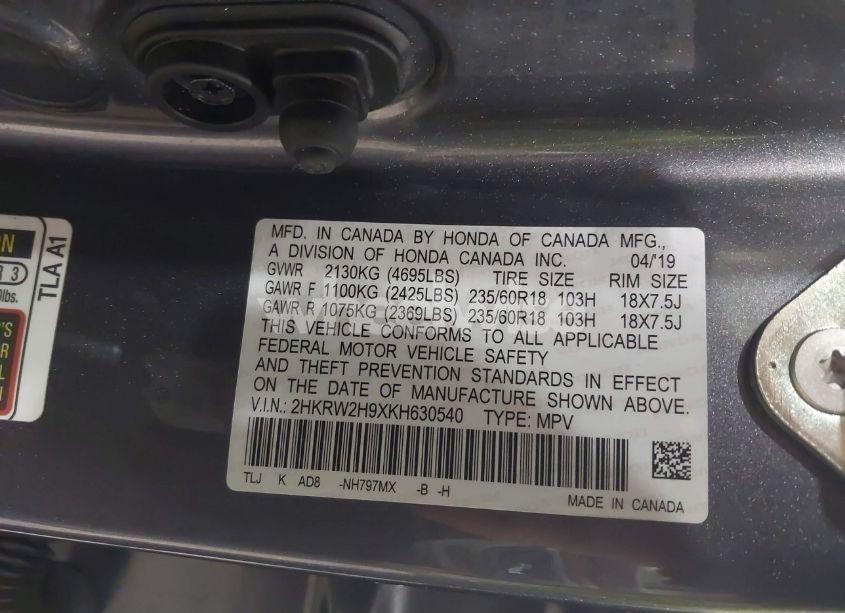 Photo 9 of 2019 Honda Cr-v TOURING (VIN 2HKRW2H9XKH630540)
