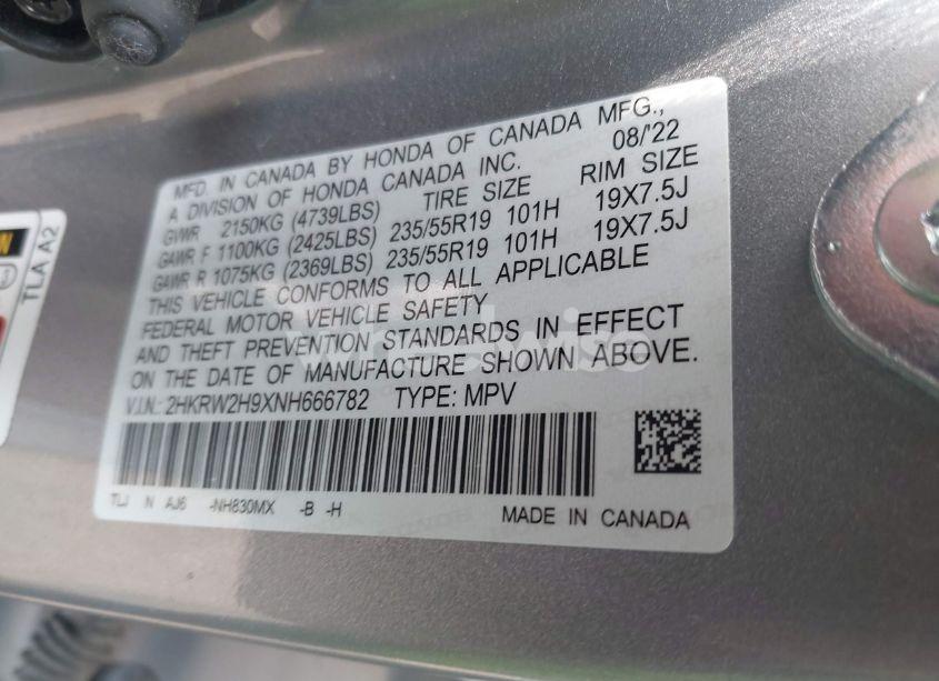 Photo 9 of 2022 Honda Cr-v AWD TOURING (VIN 2HKRW2H9XNH666782)