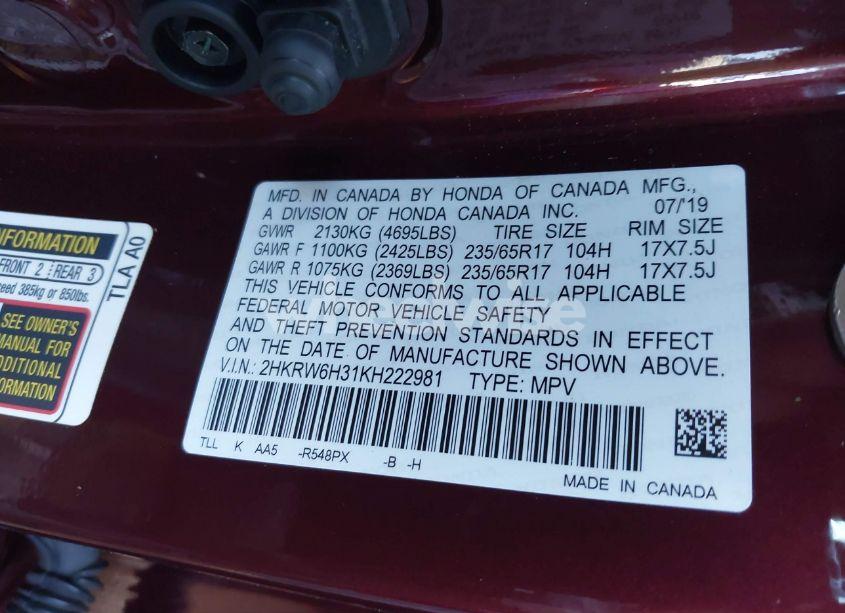 Photo 9 of 2019 Honda Cr-v LX (VIN 2HKRW6H31KH222981)