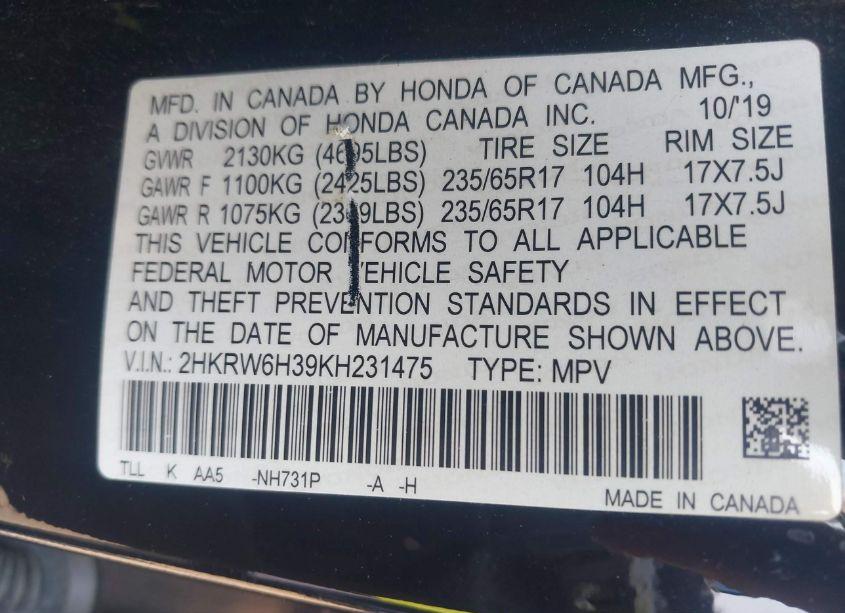 Photo 9 of 2019 Honda Cr-v LX (VIN 2HKRW6H39KH231475)