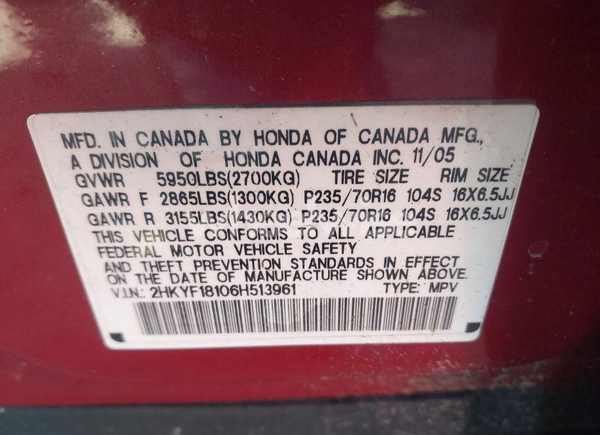Photo 9 of 2006 Honda Pilot LX (VIN 2HKYF18106H513961)