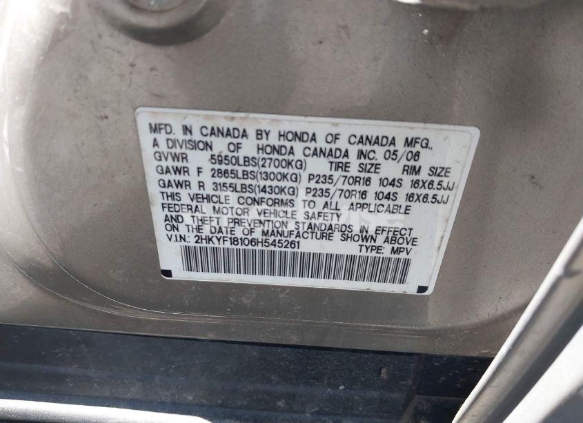 Photo 9 of 2006 Honda Pilot LX (VIN 2HKYF18106H545261)