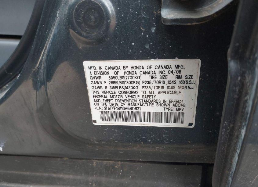 Photo 9 of 2006 Honda Pilot LX (VIN 2HKYF18116H540621)