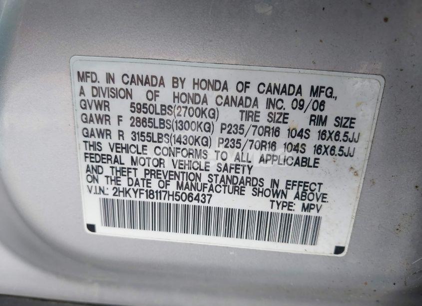 Photo 9 of 2007 Honda Pilot LX (VIN 2HKYF18117H506437)