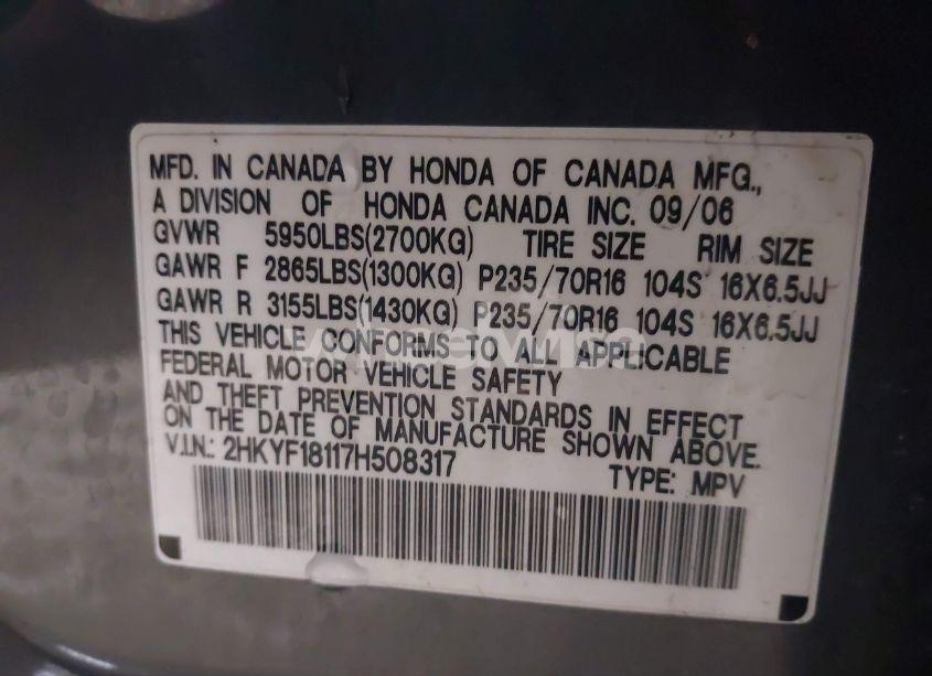 Photo 9 of 2007 Honda Pilot LX (VIN 2HKYF18117H508317)