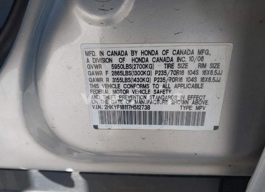 Photo 9 of 2007 Honda Pilot LX (VIN 2HKYF18117H512738)