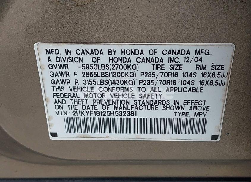 Photo 9 of 2005 Honda Pilot LX (VIN 2HKYF18125H532381)