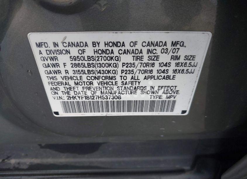 Photo 9 of 2007 Honda Pilot LX (VIN 2HKYF18127H537308)
