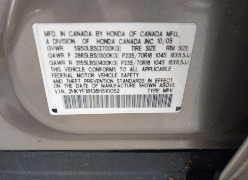 Photo 9 of 2006 Honda Pilot LX (VIN 2HKYF18136H510052)