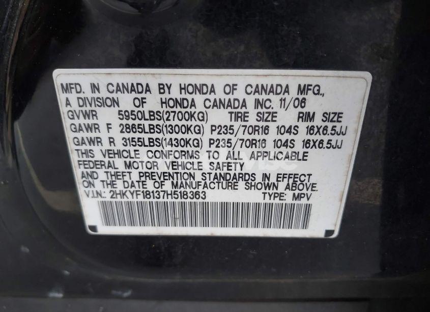 Photo 9 of 2007 Honda Pilot LX (VIN 2HKYF18137H518363)